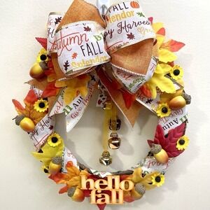 New Hand Made Autumn Wreath Hello Fall Acorns Sunflowers‎ Bells Bow